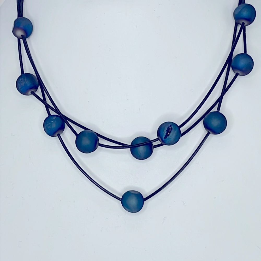 Sea Lily Three Strand Piano Wire & Iridescent Blue Geode Necklace